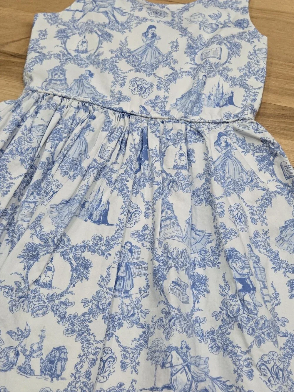 Disney Girls Blue & White Toile Print Beauty And The Beadt Sleeveless Dress